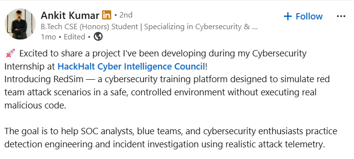 Cybersecurity Intern Feedback Testimonial